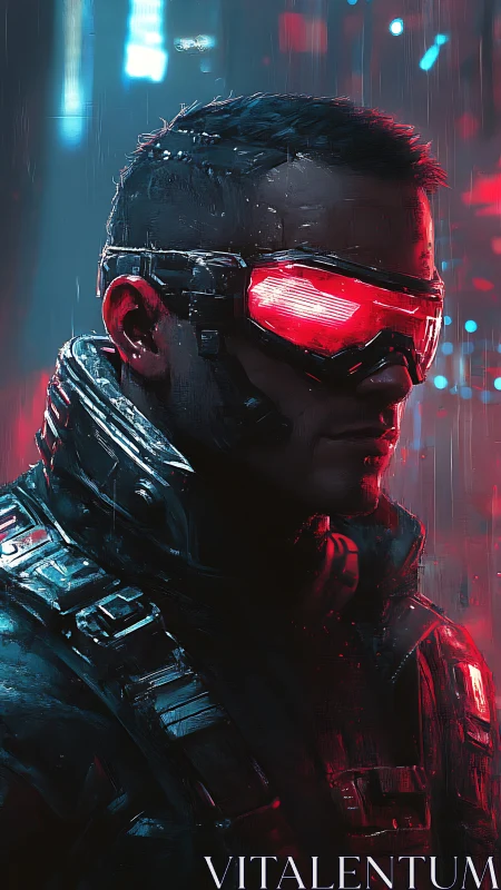Neon-soaked cyber warrior gazes ahead in glowing city night