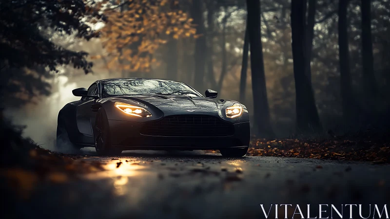 Black sports car cuts through misty forest road at dusk