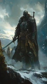 Armored knight stands in misty alpine pass with layered weathered steel