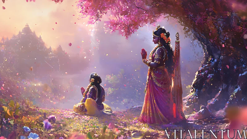 Radiant deities in floral twilight before distant templescape.