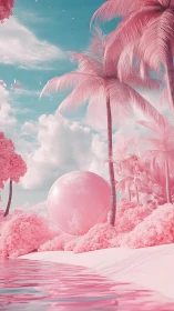 Monochromatic pink shoreline with palm trees and sphere.