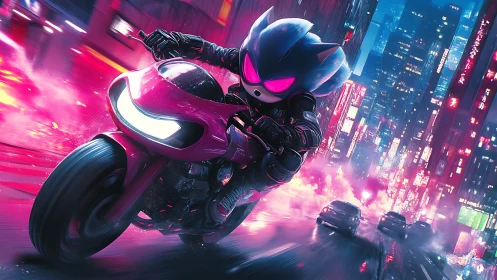 Cyber neon hedgehog rider tears through rain-soaked city