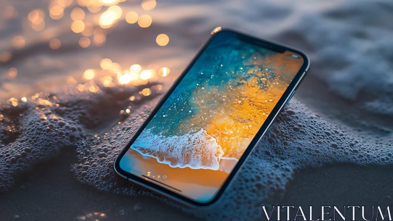 Water resistant smartphone rests in glowing shoreline surf.