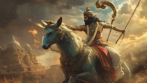 Mythic warrior on divine horse before burning temple city.