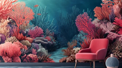 Underwater coral reef mural behind modern pink lounge chair.