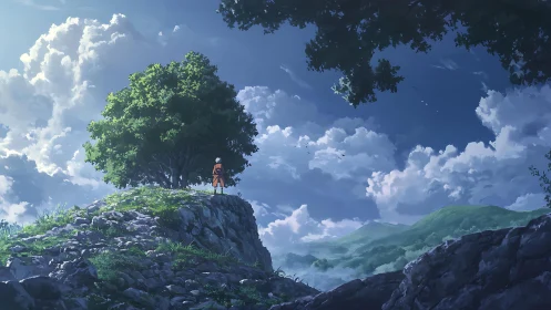 Solitary figure stands on rocky hill under large green tree