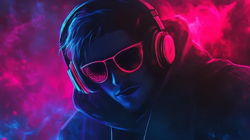Hooded gamer wearing headphones and neon sunglasses