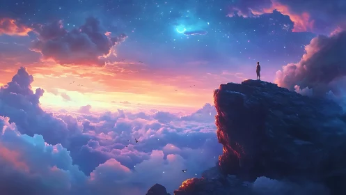 Skyedge dreamer on a cloud sea beneath crescent stars.