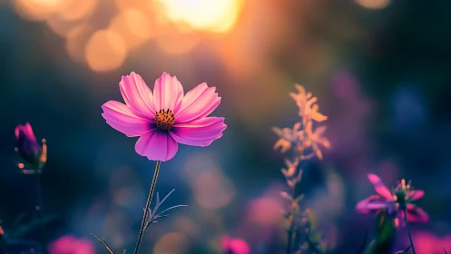 Pink Cosmos Flower in Golden Hour Bokeh