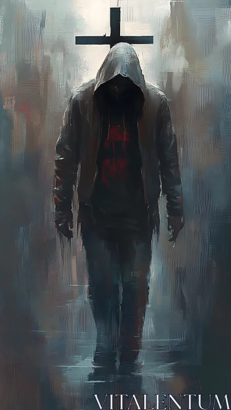 Hooded wanderer beneath a stark cross in misty streets.