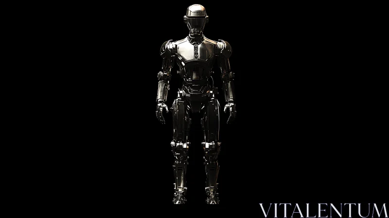 3D chrome humanoid robot in frontal full-body studio isolation.