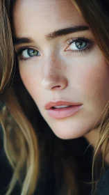 Freckles orbit calm eyes in this intimate portrait closeup