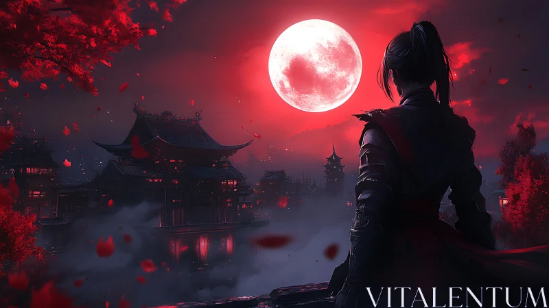 Armored figure overlooking red moon above misty pagodas.