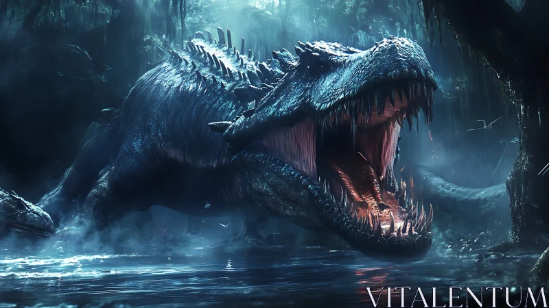 Primeval titan roars open a neon abyss in the misted swamp