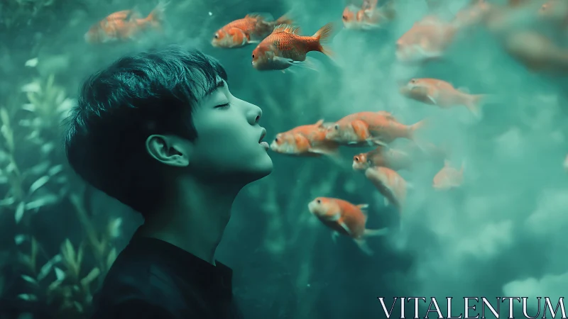 Dreamy underwater moment with a boy and curious goldfish