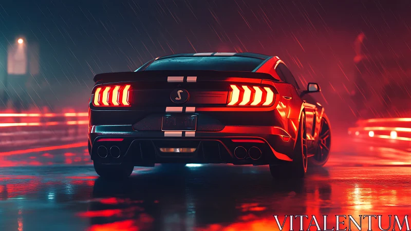 Muscle car glows in neon rain on a slick night street.