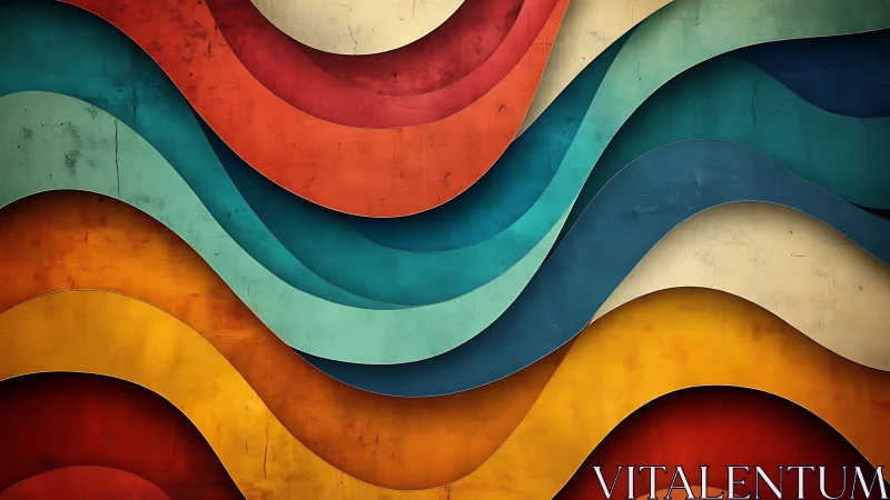 Layered abstract waves in bold retro color bands.