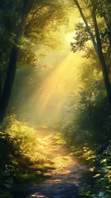 Sunlit forest trail glows with tranquil golden morning light