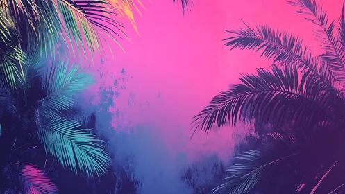 Neon tropical palm silhouettes glow against gradient dusk sky
