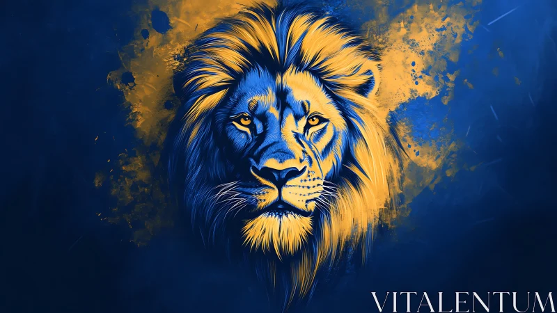 Lion head illustration uses dual-tone blue and yellow palette