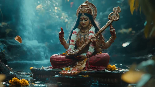 Serene veena goddess in luminous forest shrine tableau.
