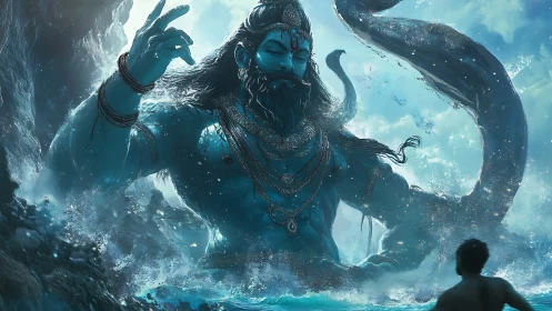 Ocean god rises from storm waves confronting lone swimmer