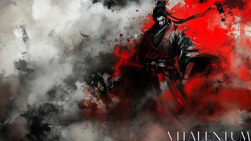 Samurai silhouette in red and monochrome ink storm composition.