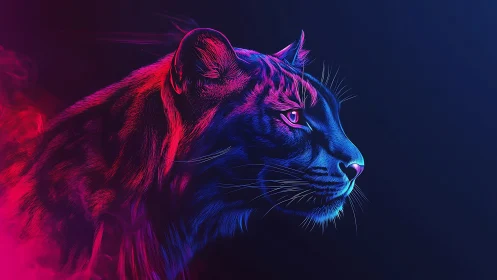 Neon edge-illuminated panther profile in dual chromatic spectrum.