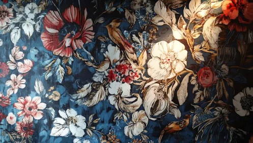 Ornate floral wallpaper design illuminated by warm accent light