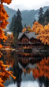 Lakeside cabin mirrors autumn forest across still water.