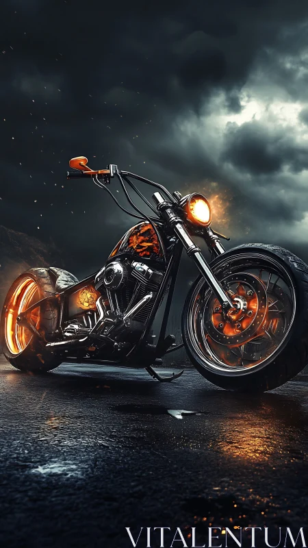 Custom chopper glows with fiery wheels beneath storm clouds