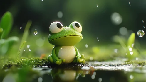 Cartoon frog sits in soft rain on reflective forest moss