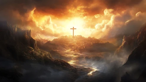 Burning sky over sacred city crowned by radiant cross.