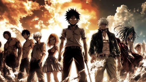 Battle-ready anime squad framed by blazing storm clouds.