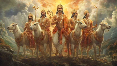 Radiant warriors on white steeds in a golden dawn journey.