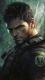 Male tactical figure is rendered in detailed digital portrait