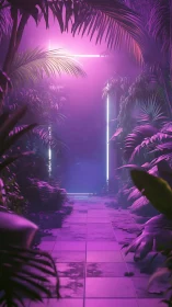 Neon portal illuminates tropical jungle corridor at night