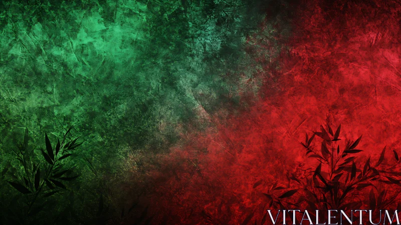 Textured green red gradient backdrop frames silhouetted leaves