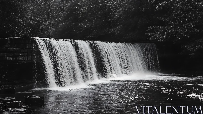 Serene Waterfall in Forest, Black and White Fine Art Photography.