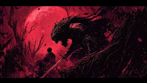 Dark warrior confronting cloaked figure under blood moon.