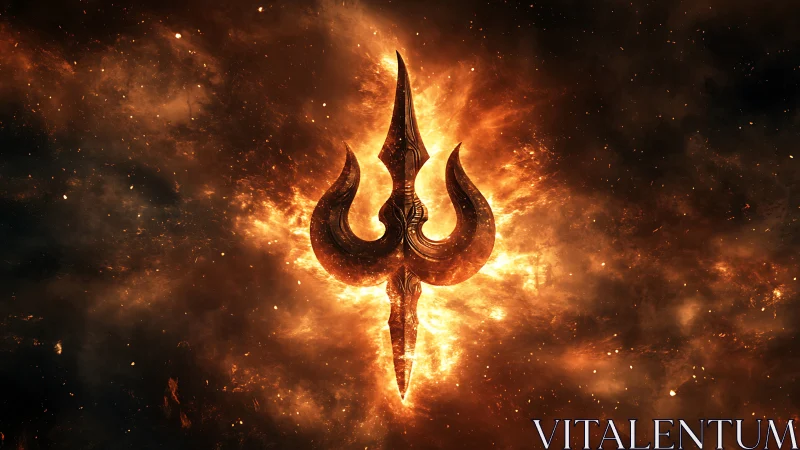 Fiery trident symbol glowing in a cosmic dark background.
