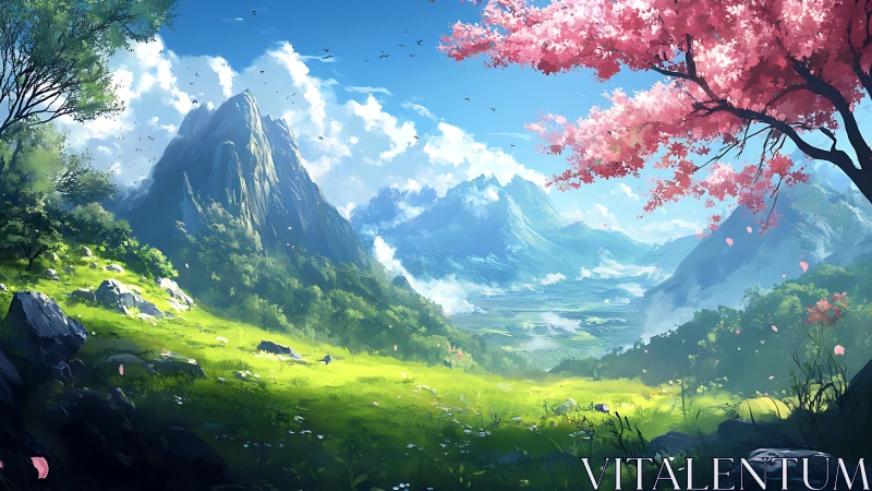 Mountain valley meadow glows beneath cherry blossom sky.