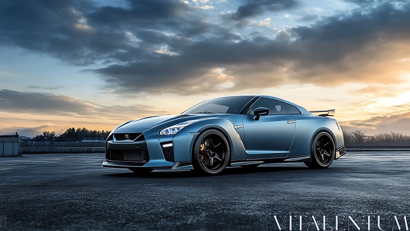 Blue sports coupe parked on wet pavement at sunrise.