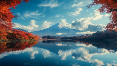 Crimson shores cradle a mirrored mountain of autumn sky