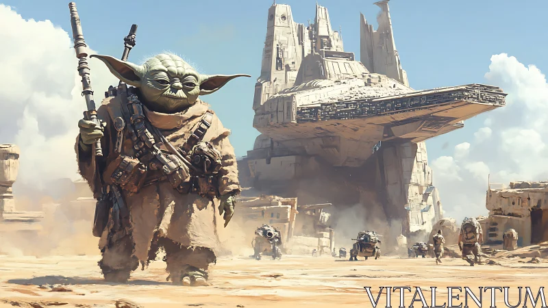 Armored alien wanderer crosses desert before monolithic starship