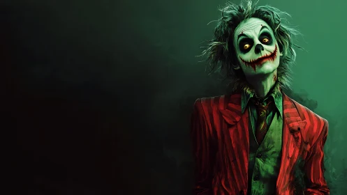 Playfully eerie trickster in bold red stripes and smoke.