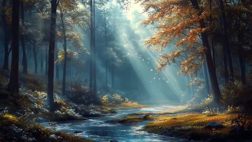 Luminous Forest Stream: Digital Landscape with Crepuscular Rays.