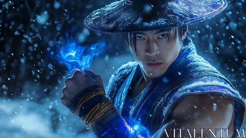 Stoic warrior in blue harnesses icy blue magic power.