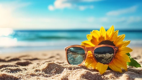 Sunflower and sunglasses form a stylized coastal summer vignette
