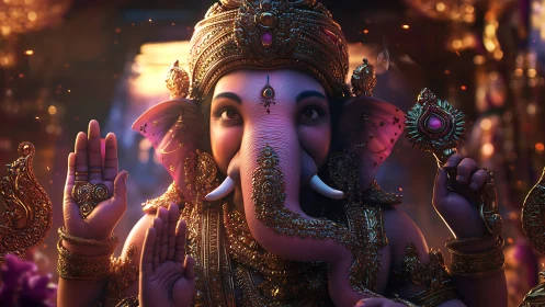 Elephant-headed deity glows amid jeweled dusk-lit incense haze